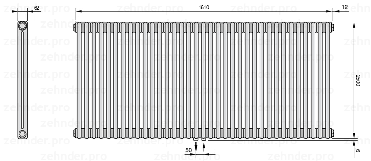 Схема (чертеж) Радиатор Zehnder Charleston 2250/35 №5410 Белый глянцевый RAL 9016
